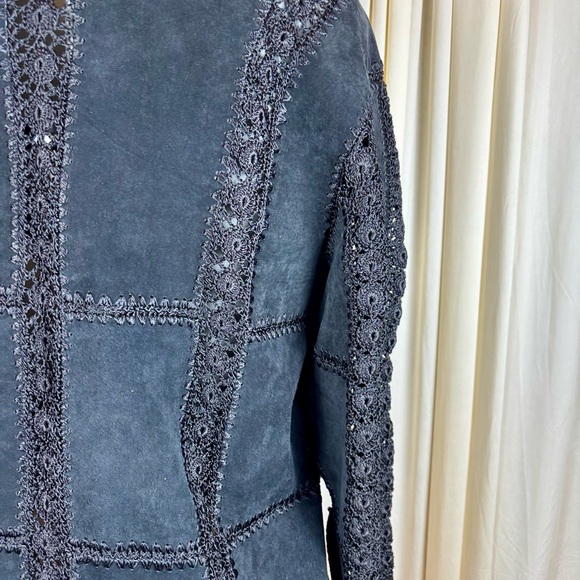 Scully Vintage Suede / Crocheted Black Patchwork Button Dn Boho Cardigan Jacket - Picture 8 of 13